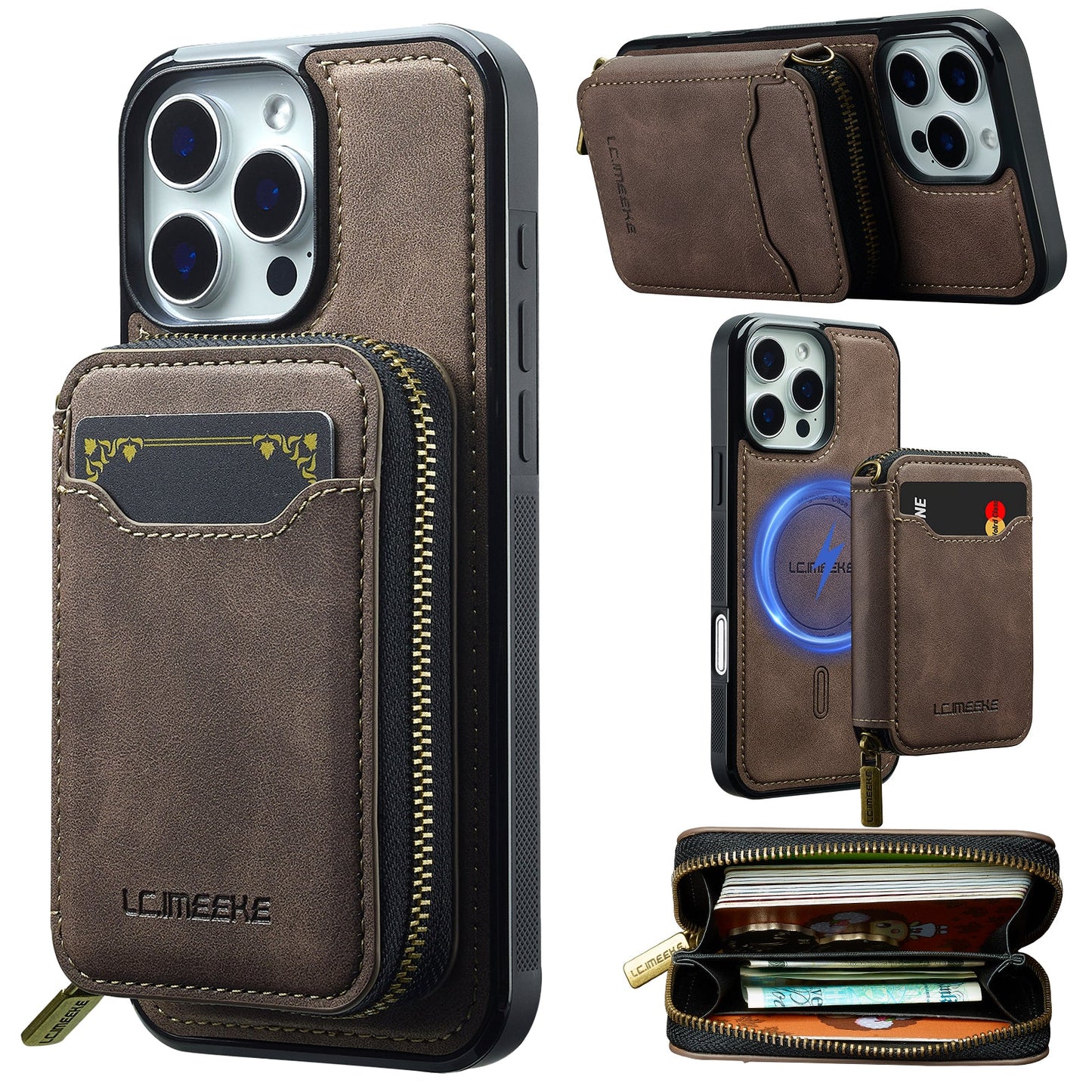 RFID Leather Wallet Phone Case with Detachable MagSafe Back Cover & Secure Zipper Pocket for iPhone 12 Pro Max