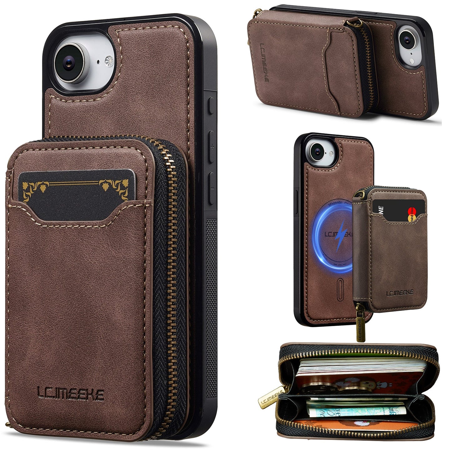 RFID Leather Wallet Phone Case with Detachable MagSafe Back Cover & Secure Zipper Pocket for iPhone 16e