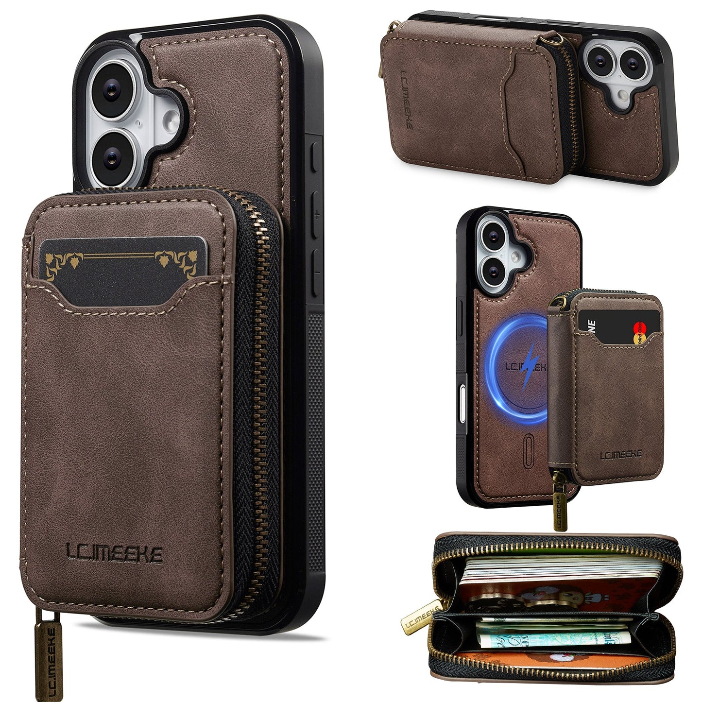 RFID Leather Wallet Phone Case with Detachable MagSafe Back Cover & Secure Zipper Pocket for iPhone 16 Plus