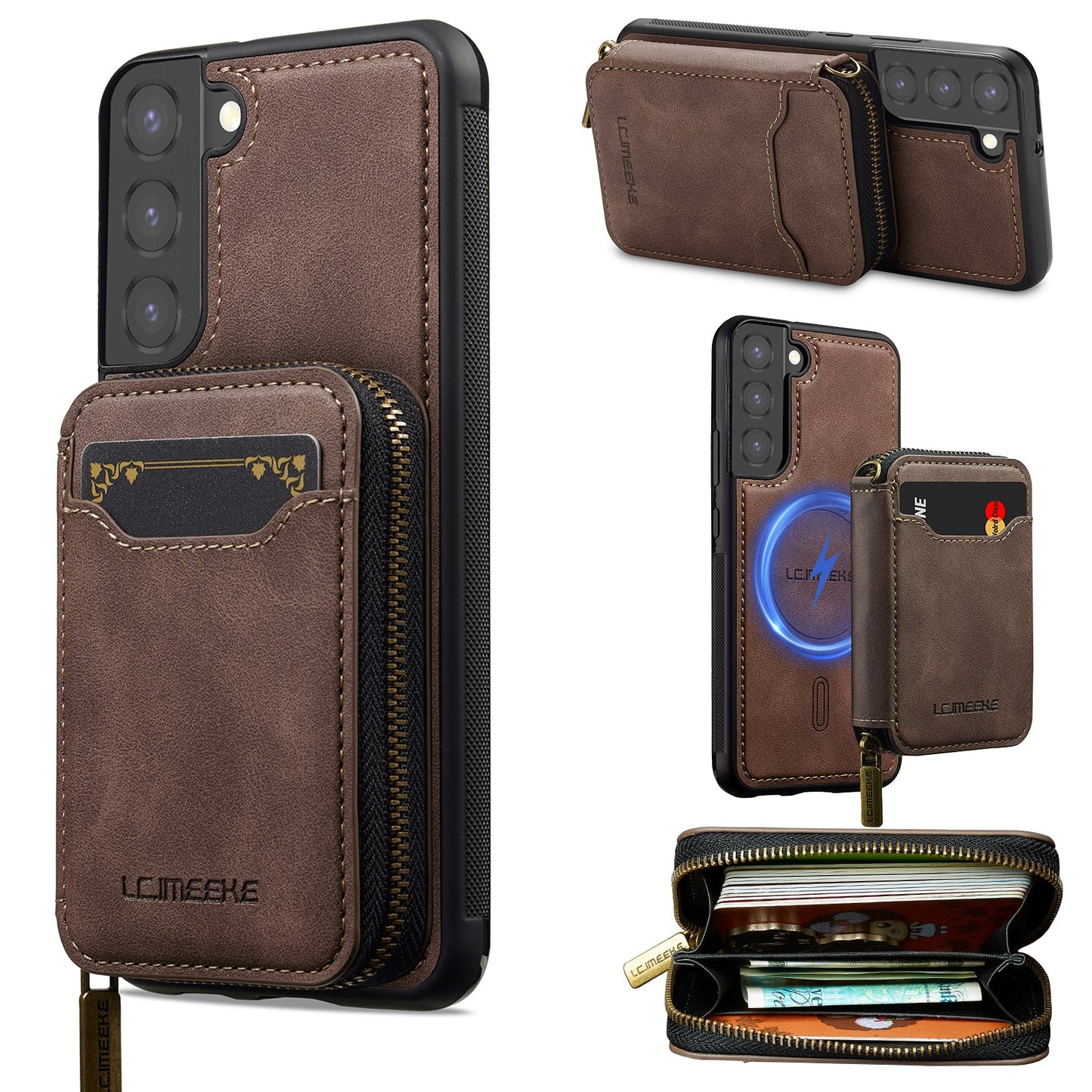 RFID Leather Wallet Phone Case with Detachable MagSafe Back Cover & Secure Zipper Pocket for Samsung Galaxy S21 FE