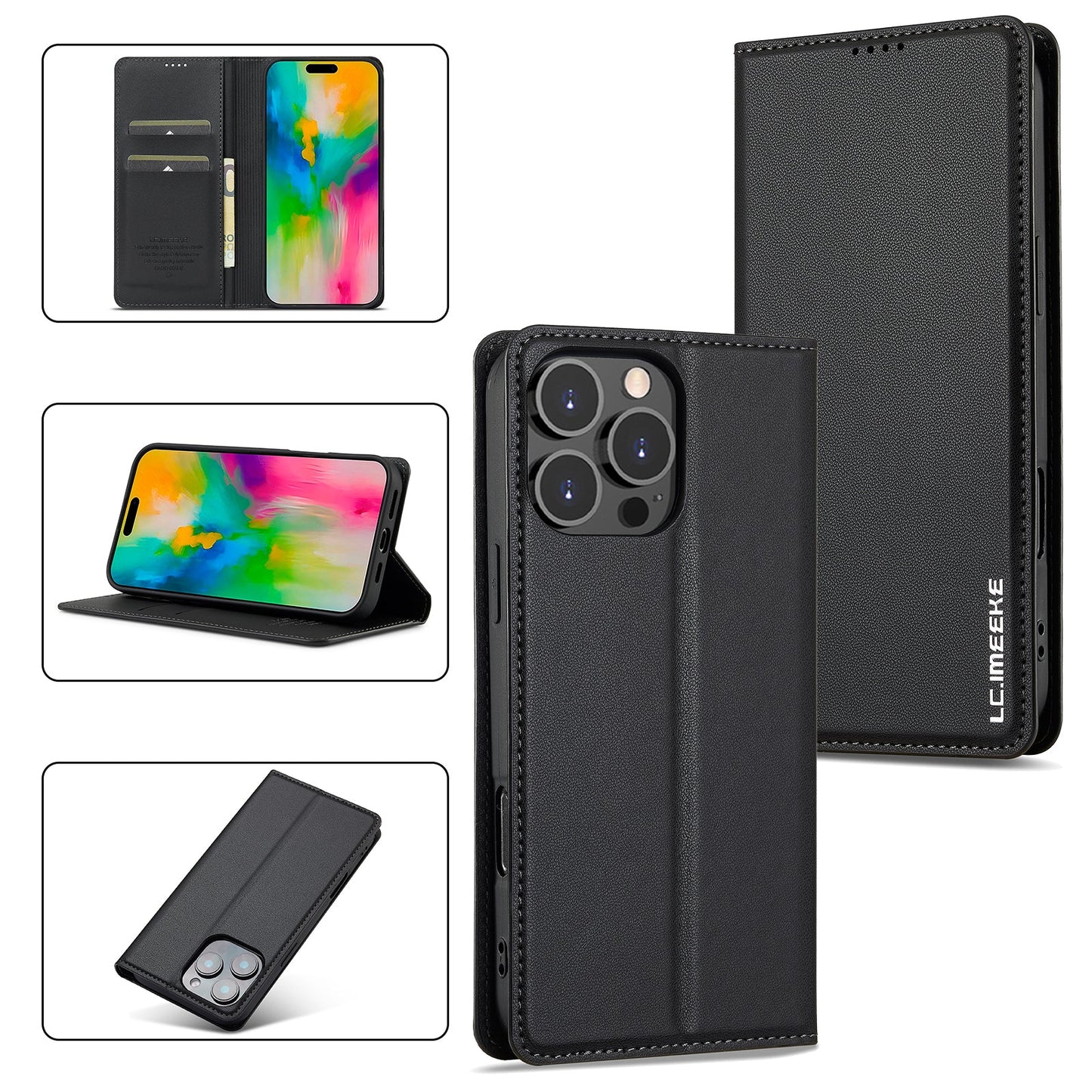 Magnetic Leather Folio Wallet Phone Case for iPhone 15 Pro