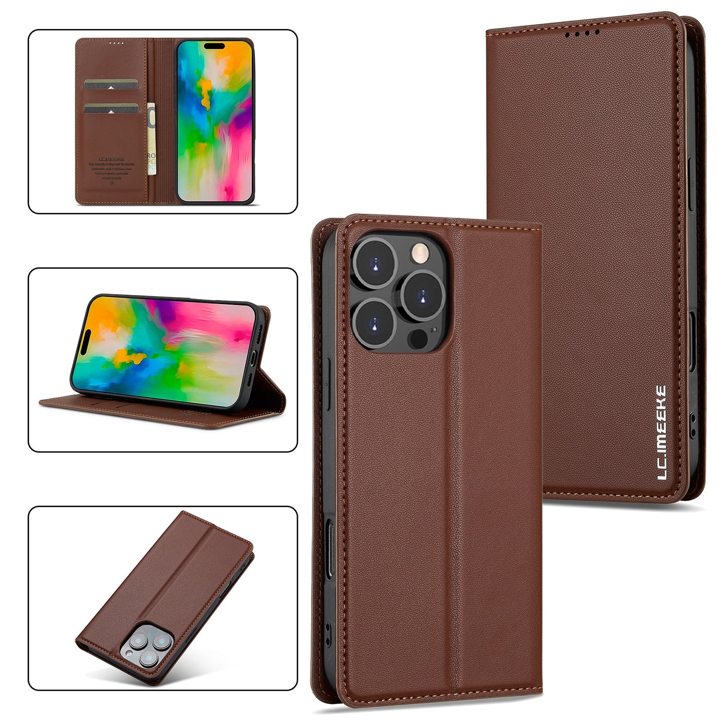 Magnetic Leather Folio Wallet Phone Case for iPhone 15 Pro