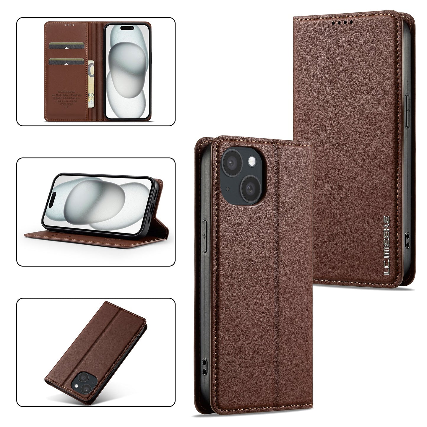 Magnetic Leather Folio Wallet Phone Case for iPhone 15 Plus