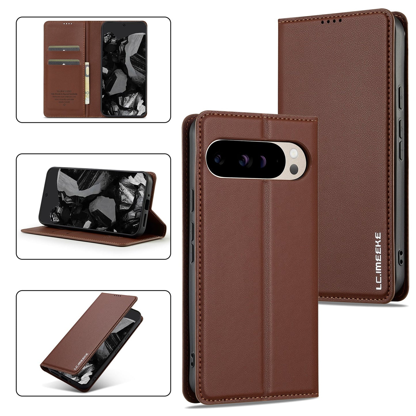 Magnetic Leather Folio Wallet Phone Case for Pixel 9 Pro XL