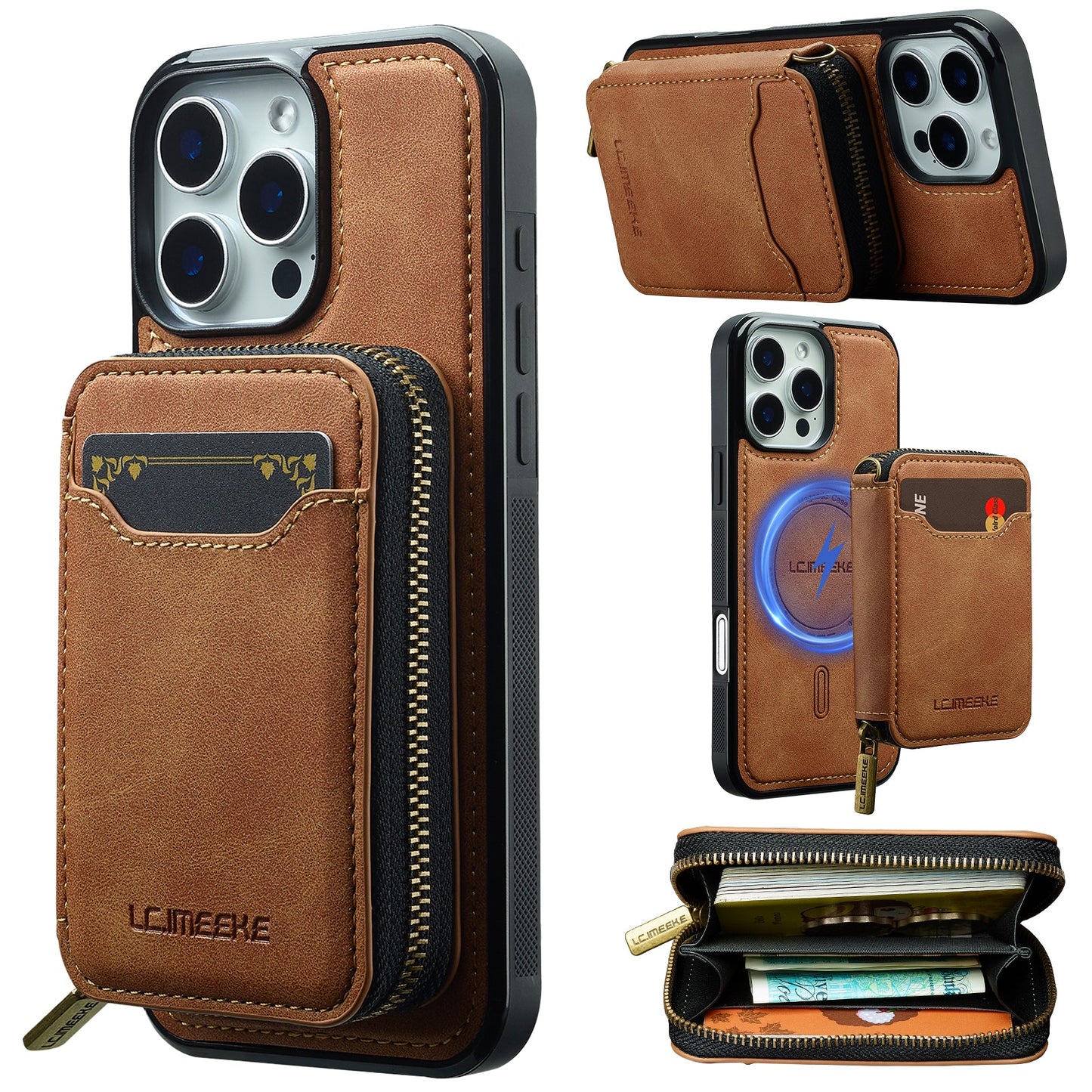 RFID Leather Wallet Phone Case with Detachable MagSafe Back Cover & Secure Zipper Pocket for iPhone 12 Pro Max