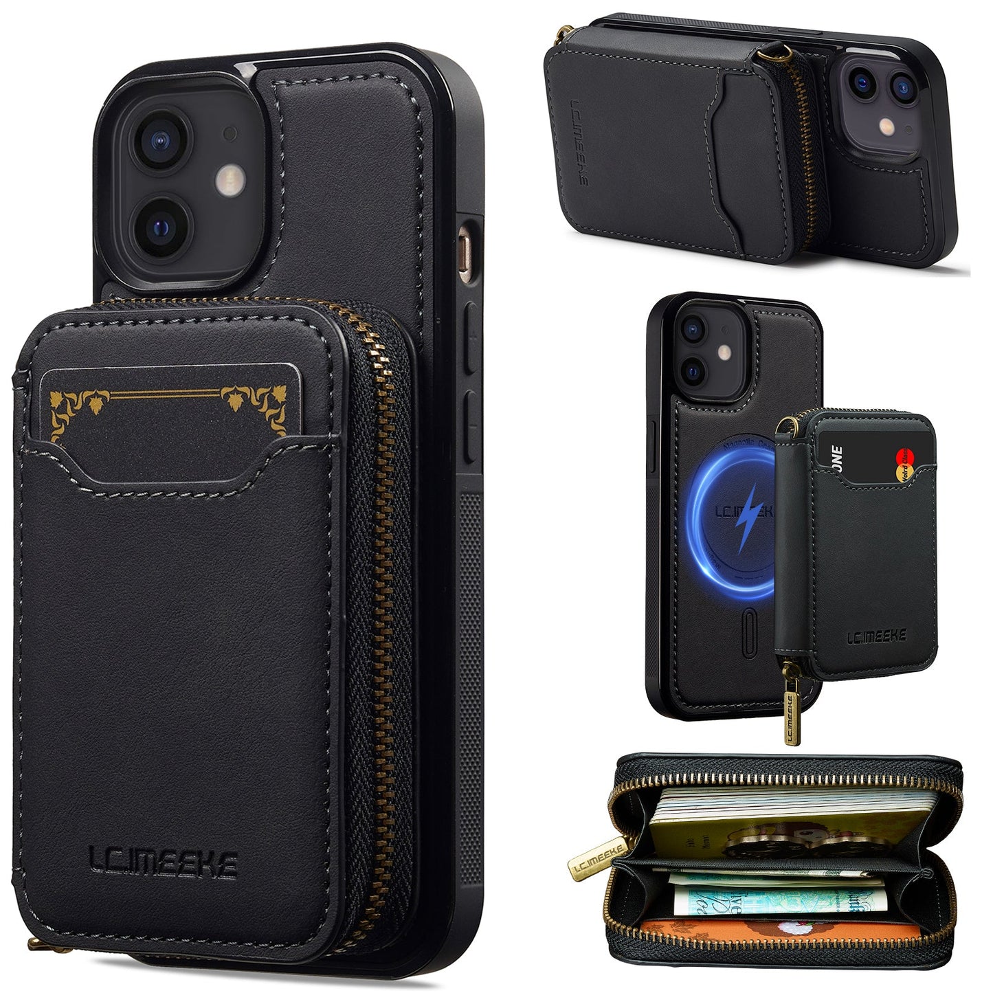 RFID Leather Wallet Phone Case with Detachable MagSafe Back Cover & Secure Zipper Pocket for iPhone 12