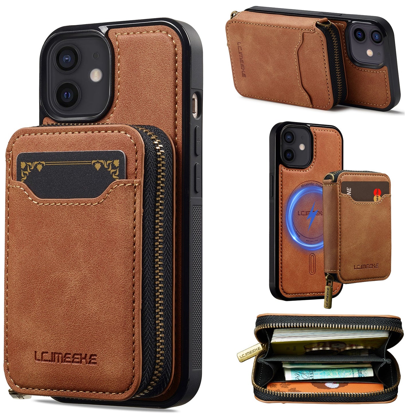 RFID Leather Wallet Phone Case with Detachable MagSafe Back Cover & Secure Zipper Pocket for iPhone 12