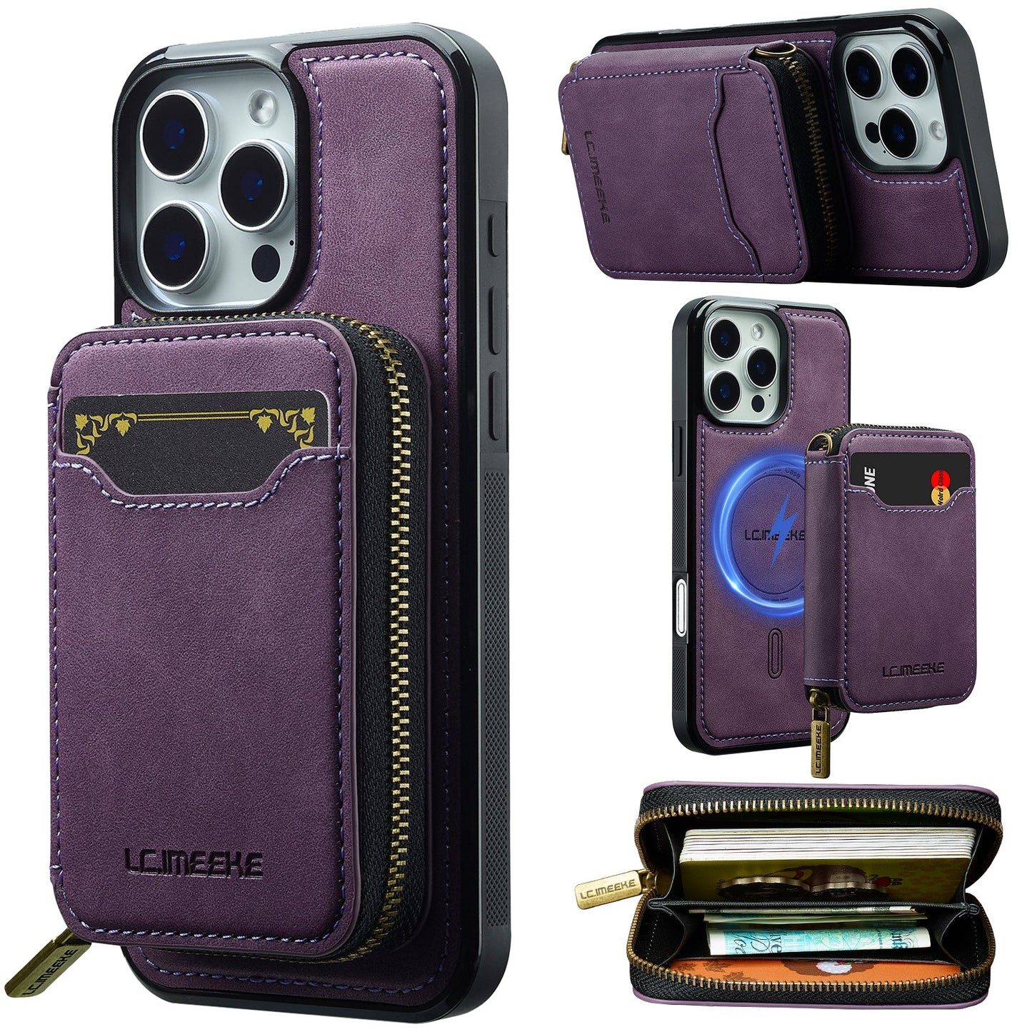 RFID Leather Wallet Phone Case with Detachable MagSafe Back Cover & Secure Zipper Pocket for iPhone 14 Pro
