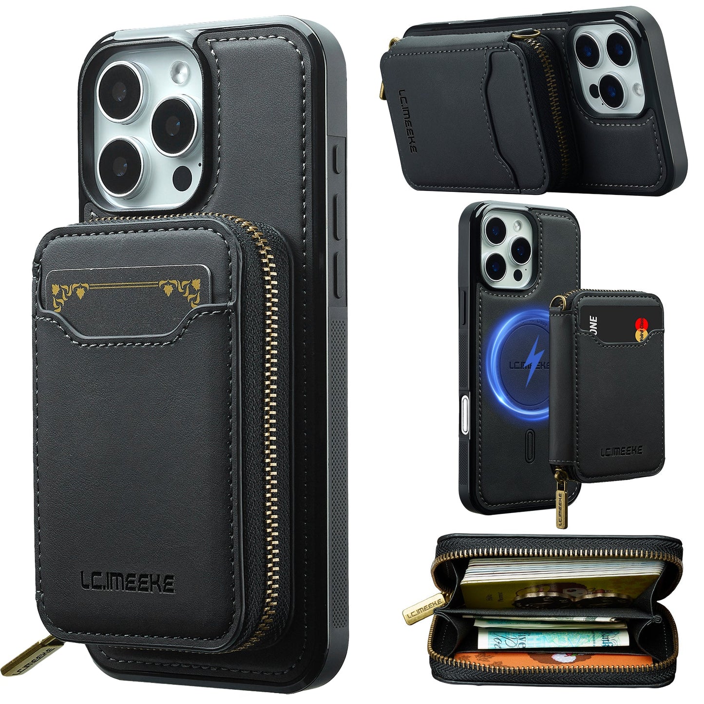 RFID Leather Wallet Phone Case with Detachable MagSafe Back Cover & Secure Zipper Pocket for iPhone 14 Pro