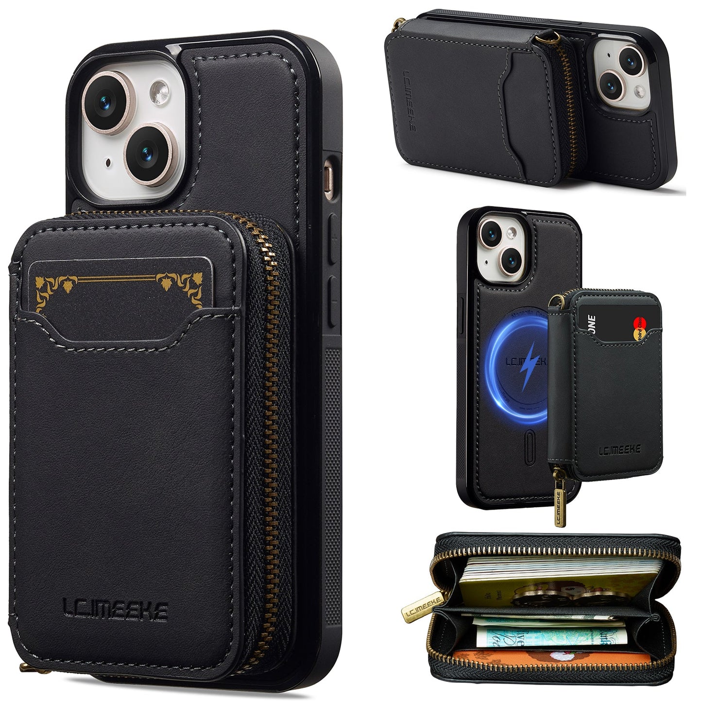 RFID Leather Wallet Phone Case with Detachable MagSafe Back Cover & Secure Zipper Pocket for iPhone 14