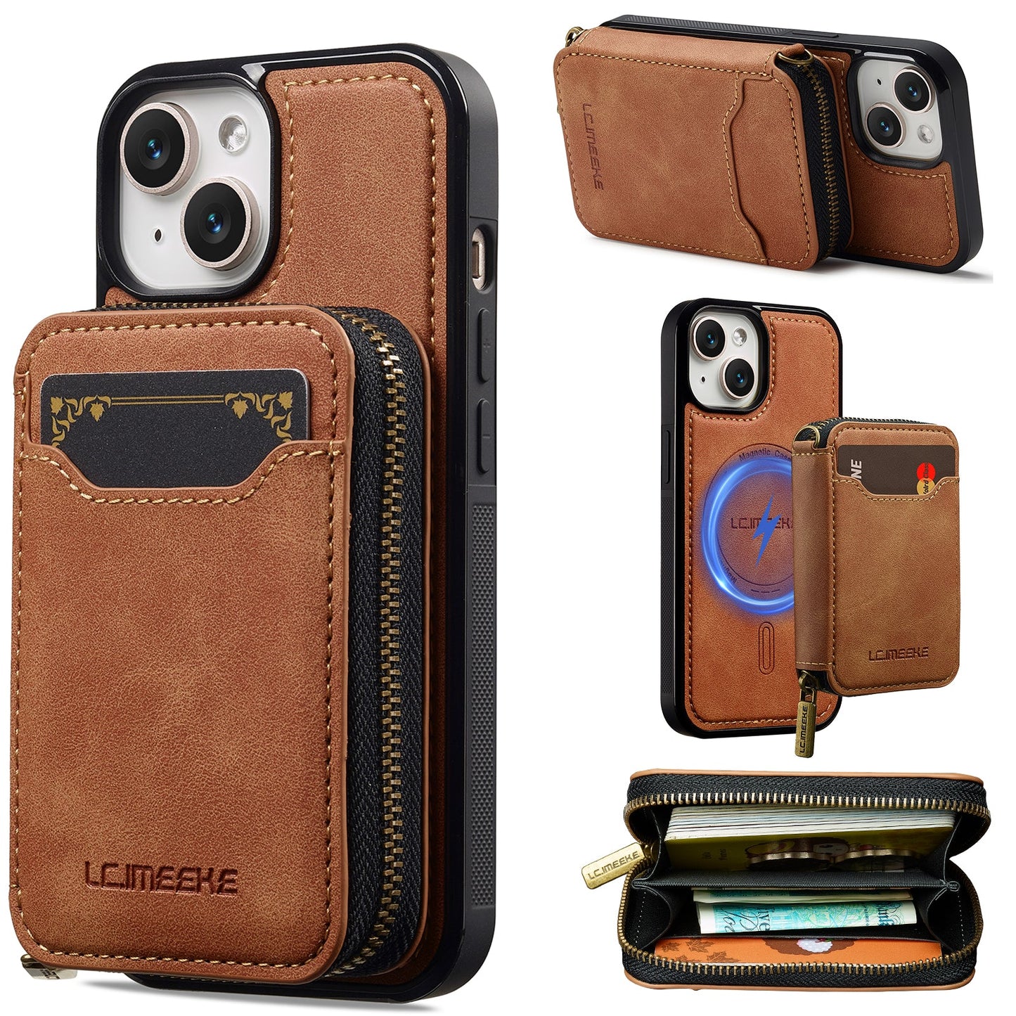 RFID Leather Wallet Phone Case with Detachable MagSafe Back Cover & Secure Zipper Pocket for iPhone 15 Plus