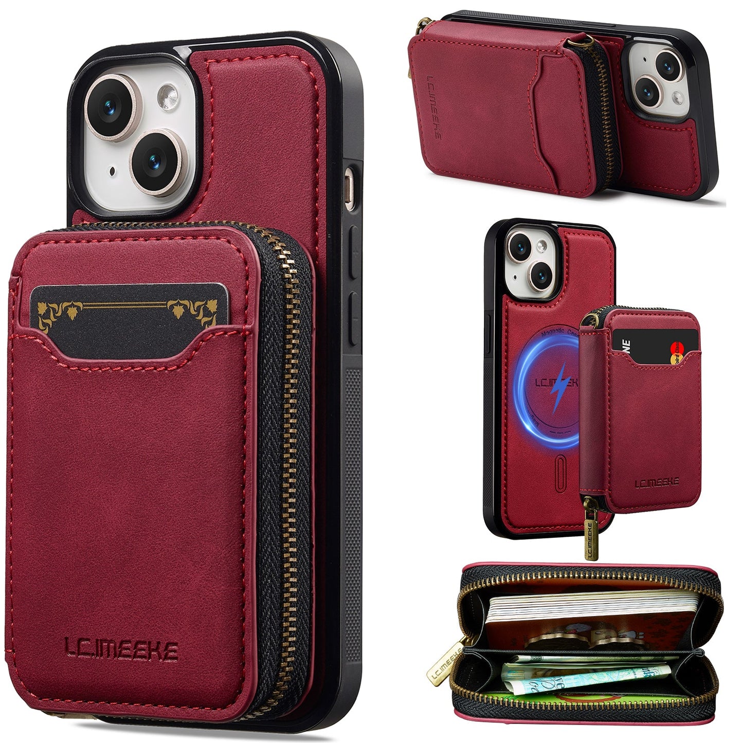 RFID Leather Wallet Phone Case with Detachable MagSafe Back Cover & Secure Zipper Pocket for iPhone 14