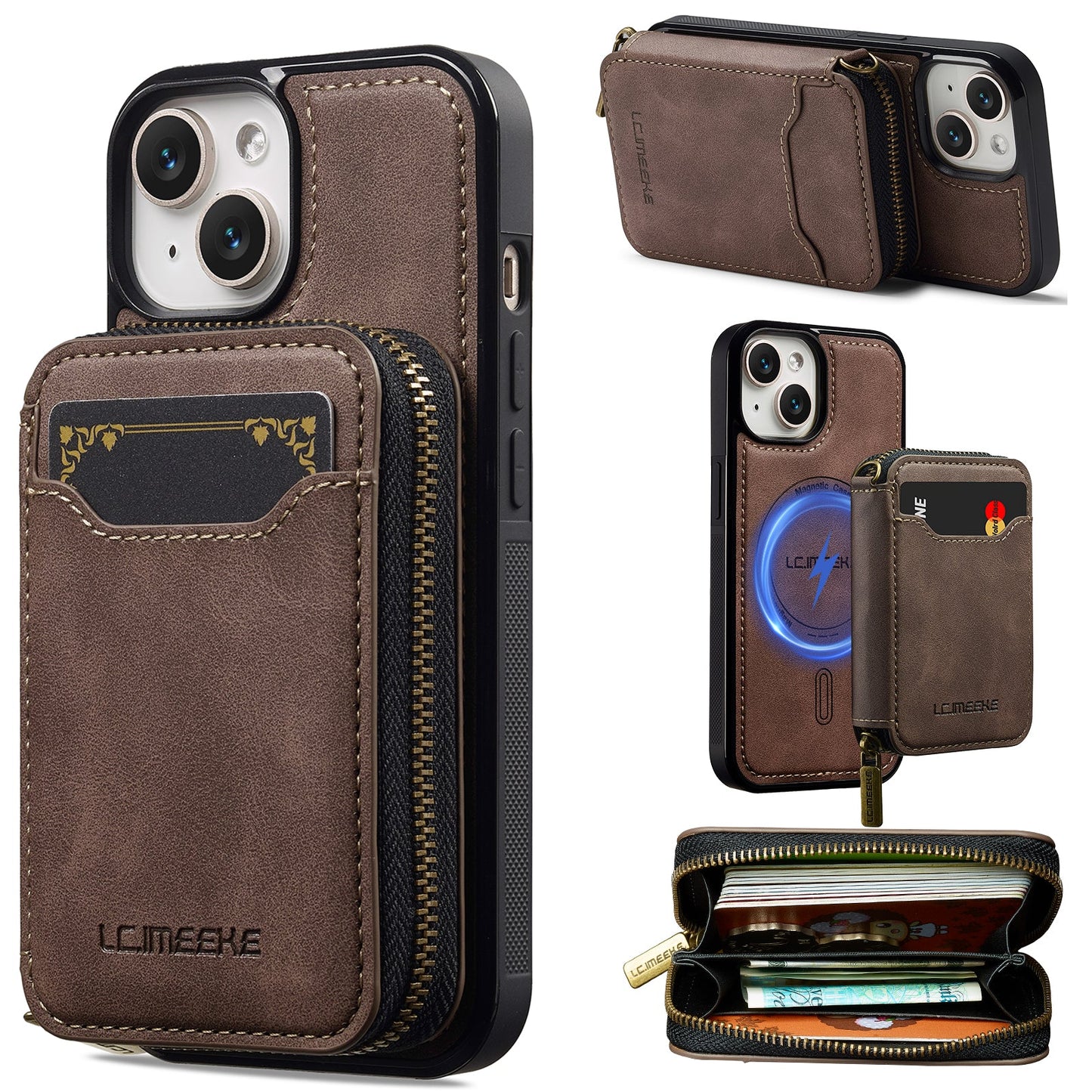 RFID Leather Wallet Phone Case with Detachable MagSafe Back Cover & Secure Zipper Pocket for iPhone 15 Plus
