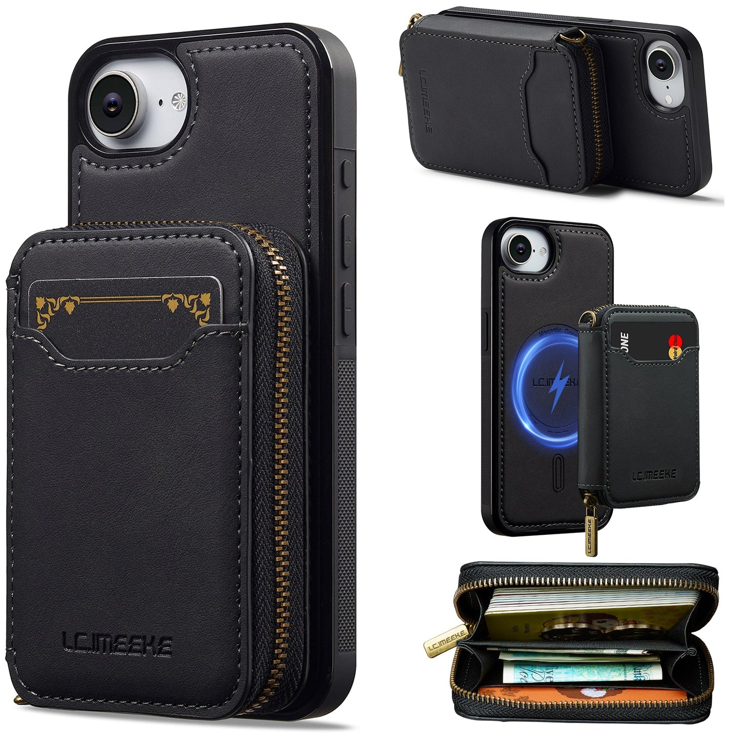 RFID Leather Wallet Phone Case with Detachable MagSafe Back Cover & Secure Zipper Pocket for iPhone 16e