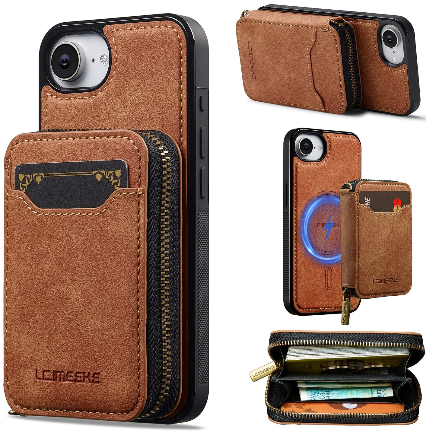 RFID Leather Wallet Phone Case with Detachable MagSafe Back Cover & Secure Zipper Pocket for iPhone 16e