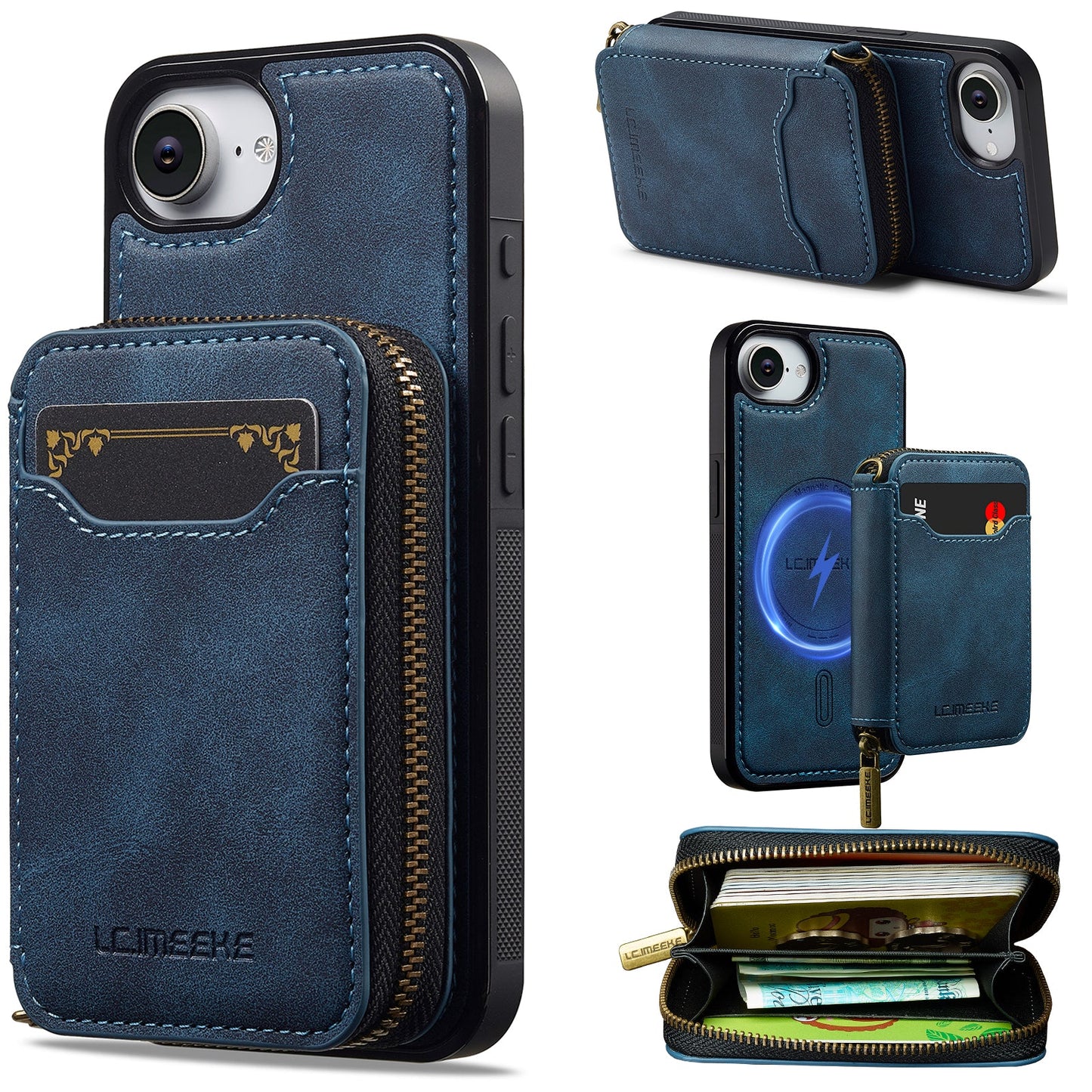 RFID Leather Wallet Phone Case with Detachable MagSafe Back Cover & Secure Zipper Pocket for iPhone 16e