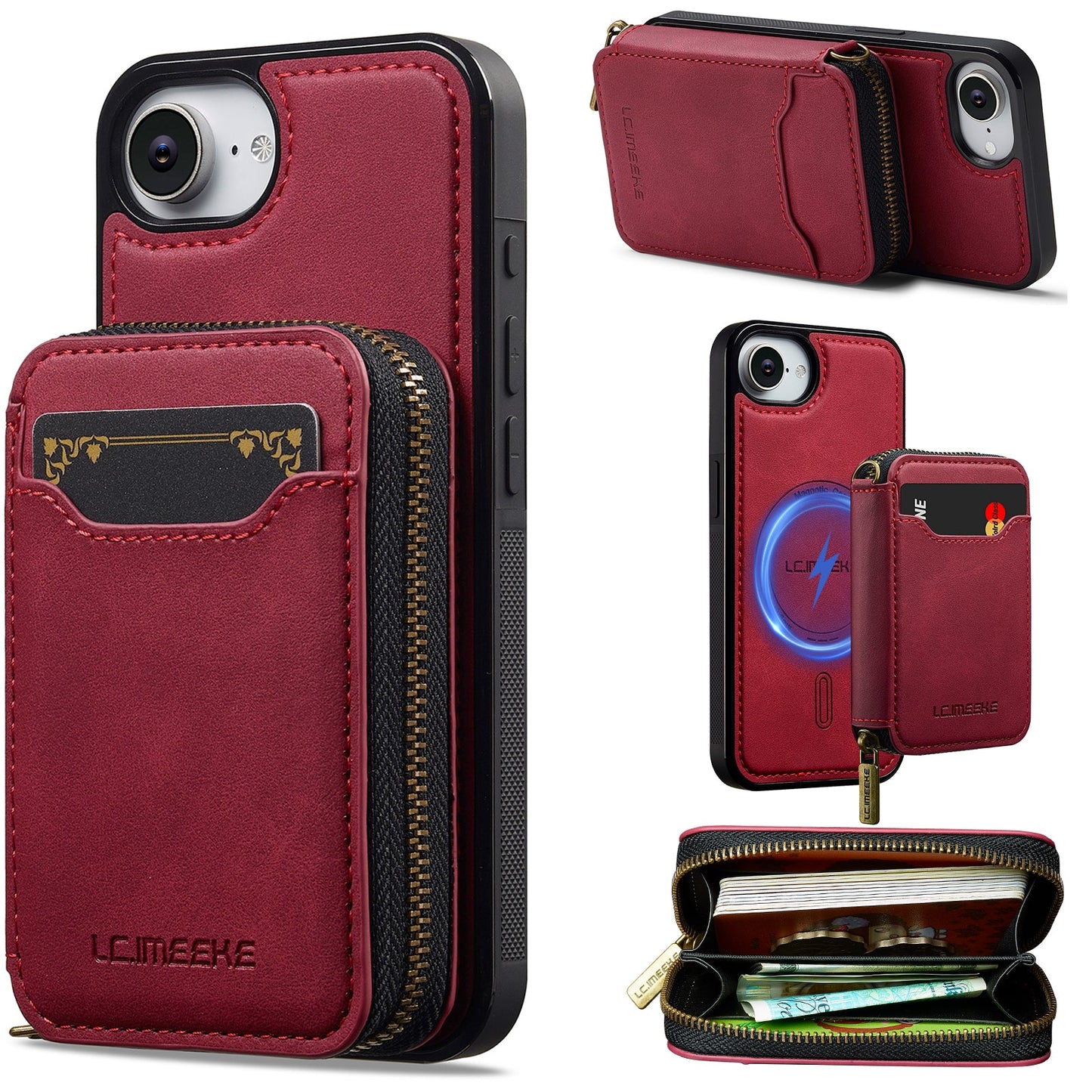 RFID Leather Wallet Phone Case with Detachable MagSafe Back Cover & Secure Zipper Pocket for iPhone 16e