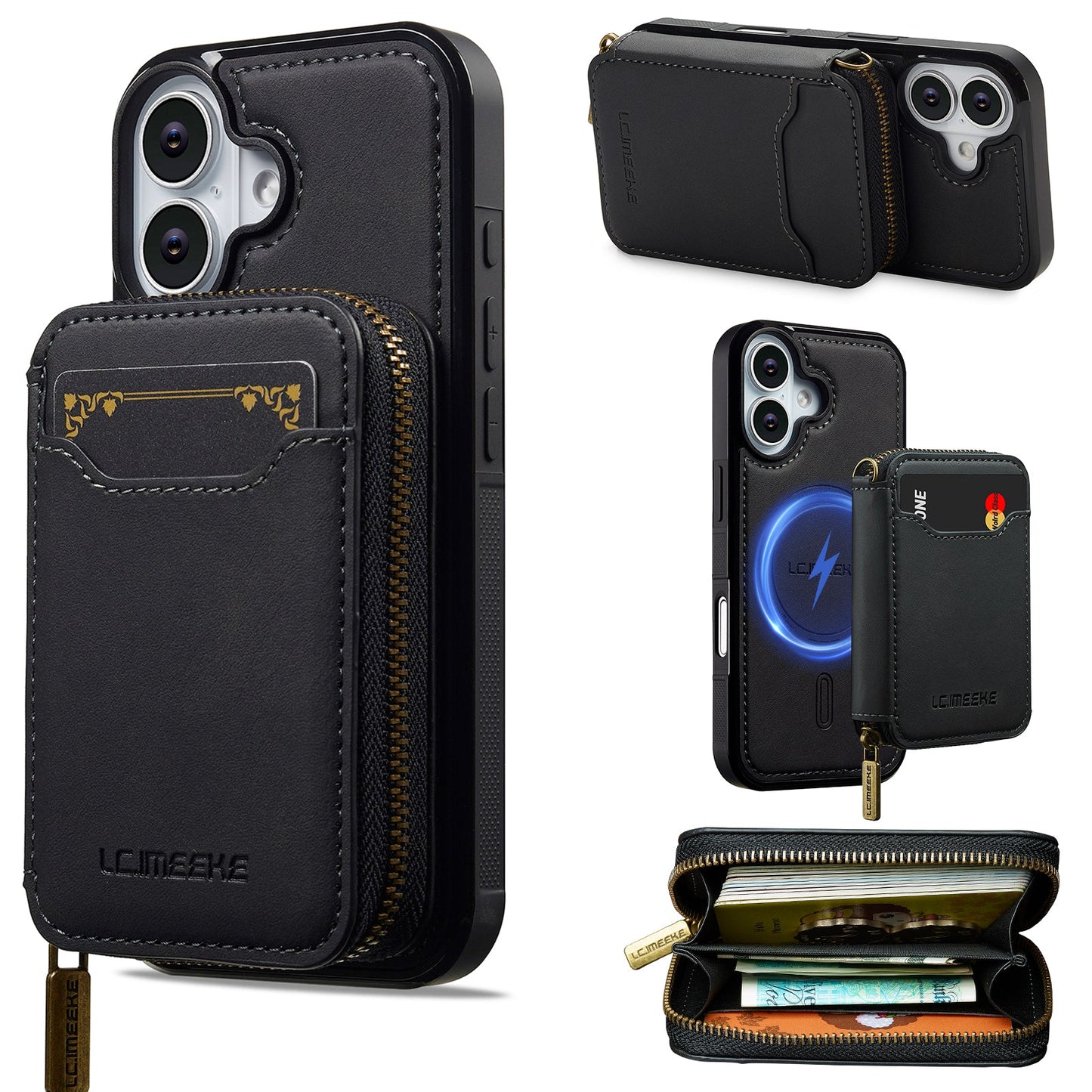 RFID Leather Wallet Phone Case with Detachable MagSafe Back Cover & Secure Zipper Pocket for iPhone 16