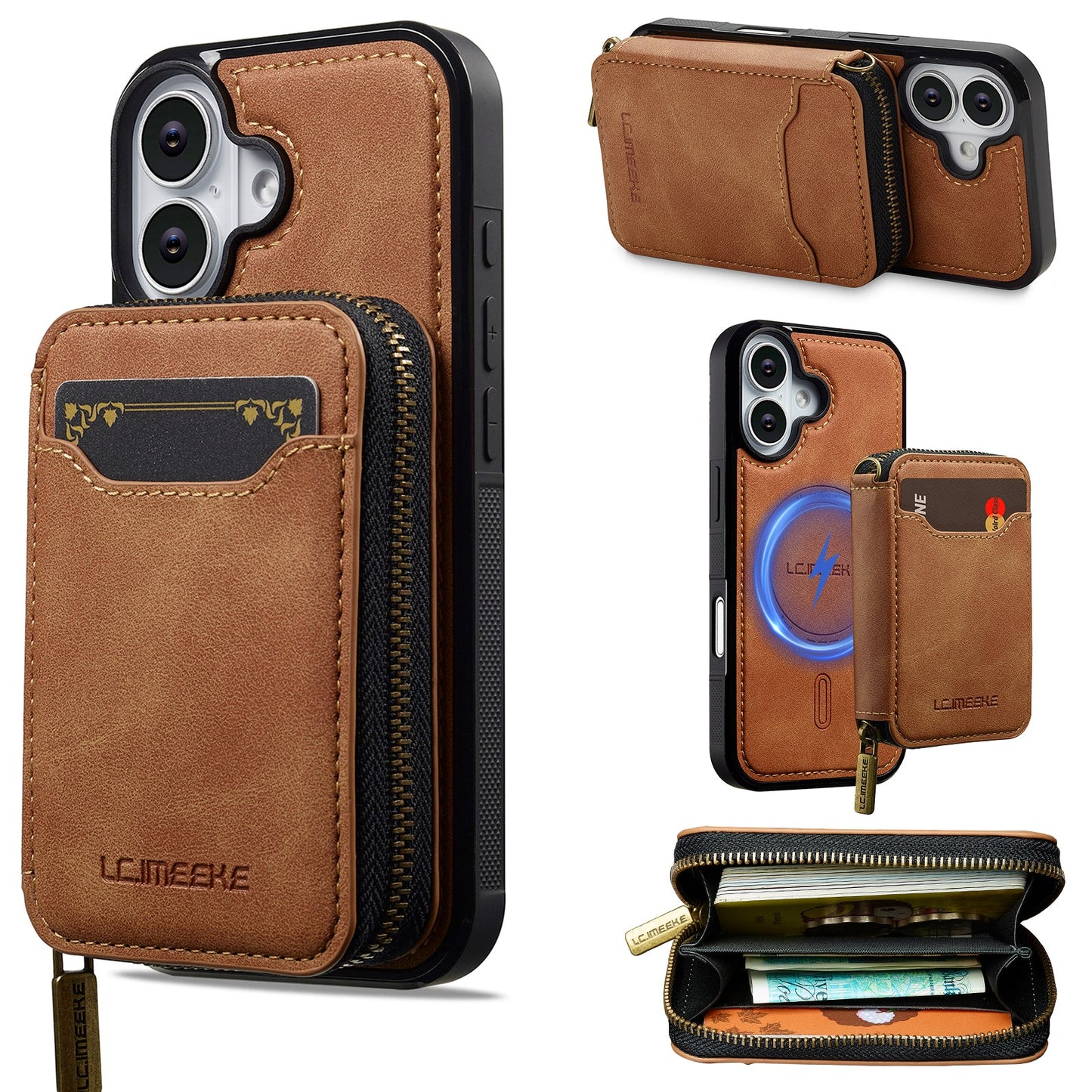 RFID Leather Wallet Phone Case with Detachable MagSafe Back Cover & Secure Zipper Pocket for iPhone 16 Plus