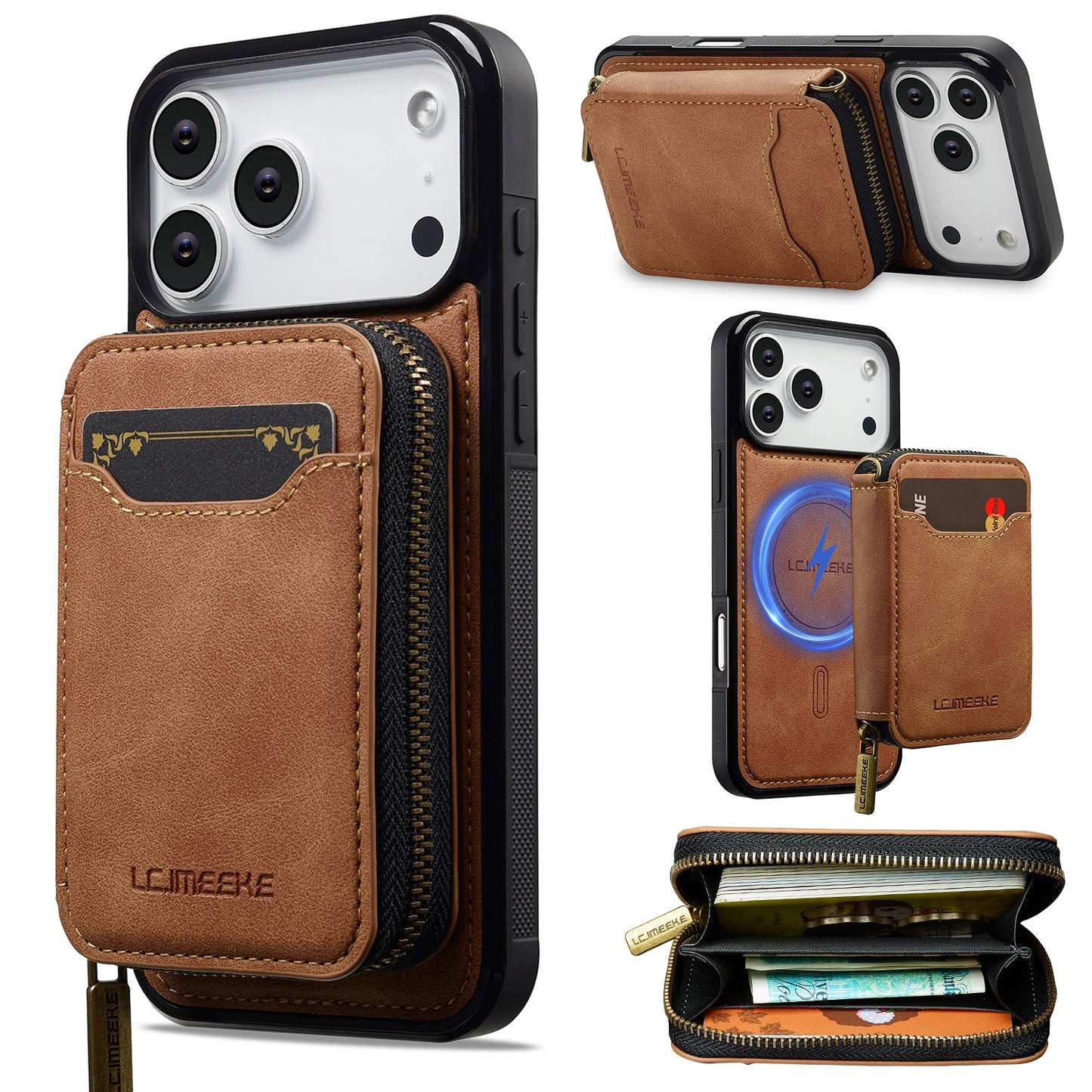 RFID Leather Wallet Phone Case with Detachable MagSafe Back Cover & Secure Zipper Pocket for iPhone 17 Pro