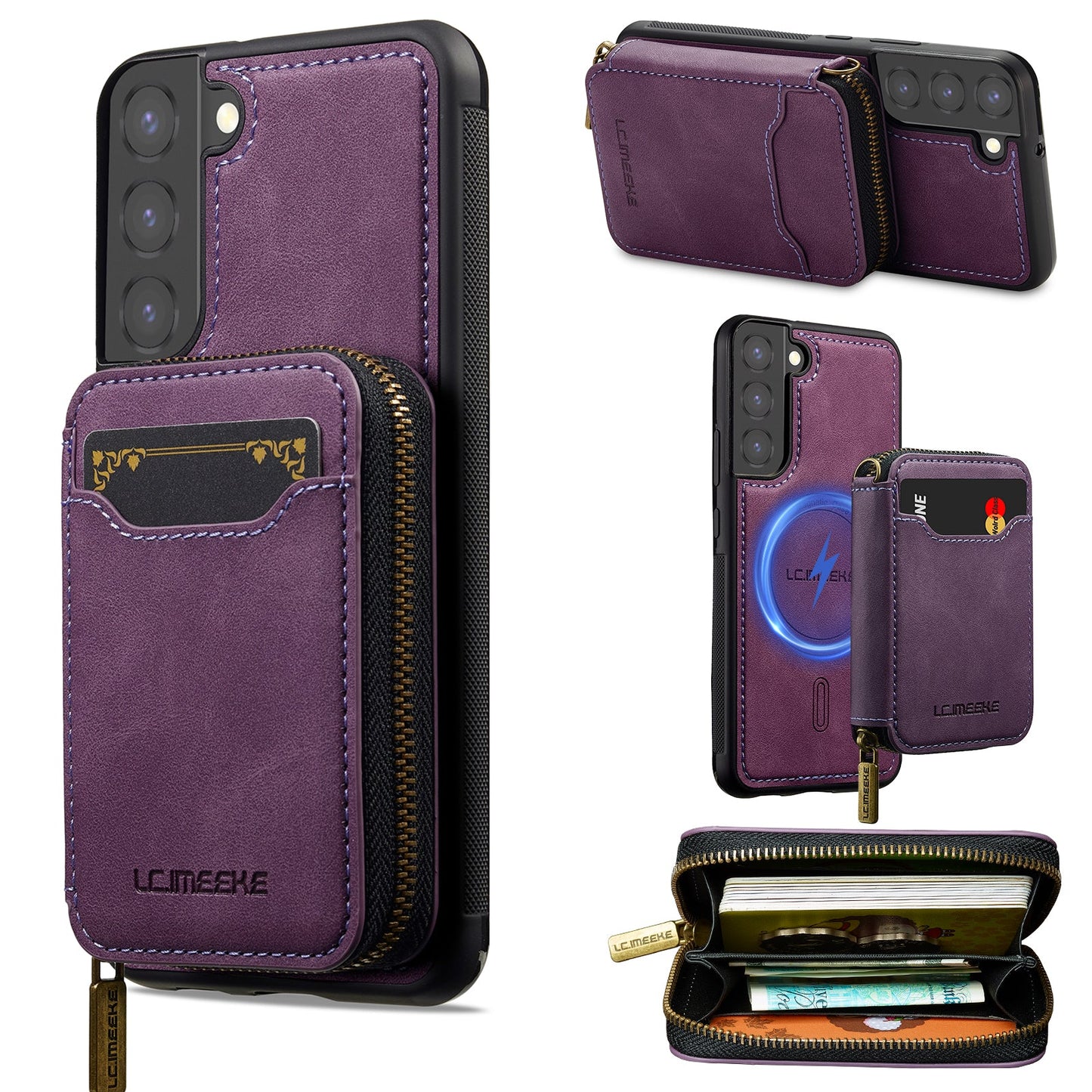 RFID Leather Wallet Phone Case with Detachable MagSafe Back Cover & Secure Zipper Pocket for Samsung Galaxy S21 FE