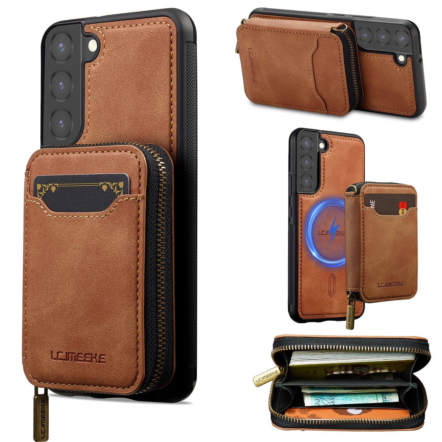 RFID Leather Wallet Phone Case with Detachable MagSafe Back Cover & Secure Zipper Pocket for Samsung Galaxy S21 FE