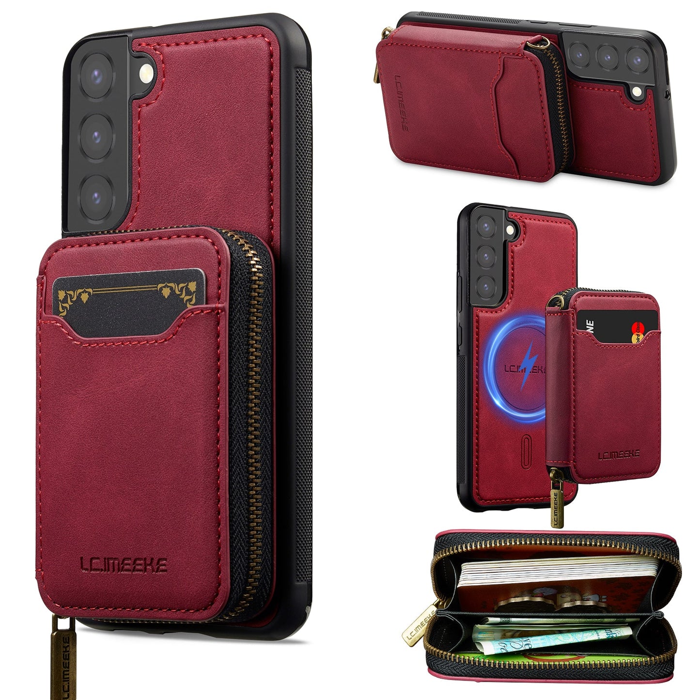 RFID Leather Wallet Phone Case with Detachable MagSafe Back Cover & Secure Zipper Pocket for Samsung Galaxy S22