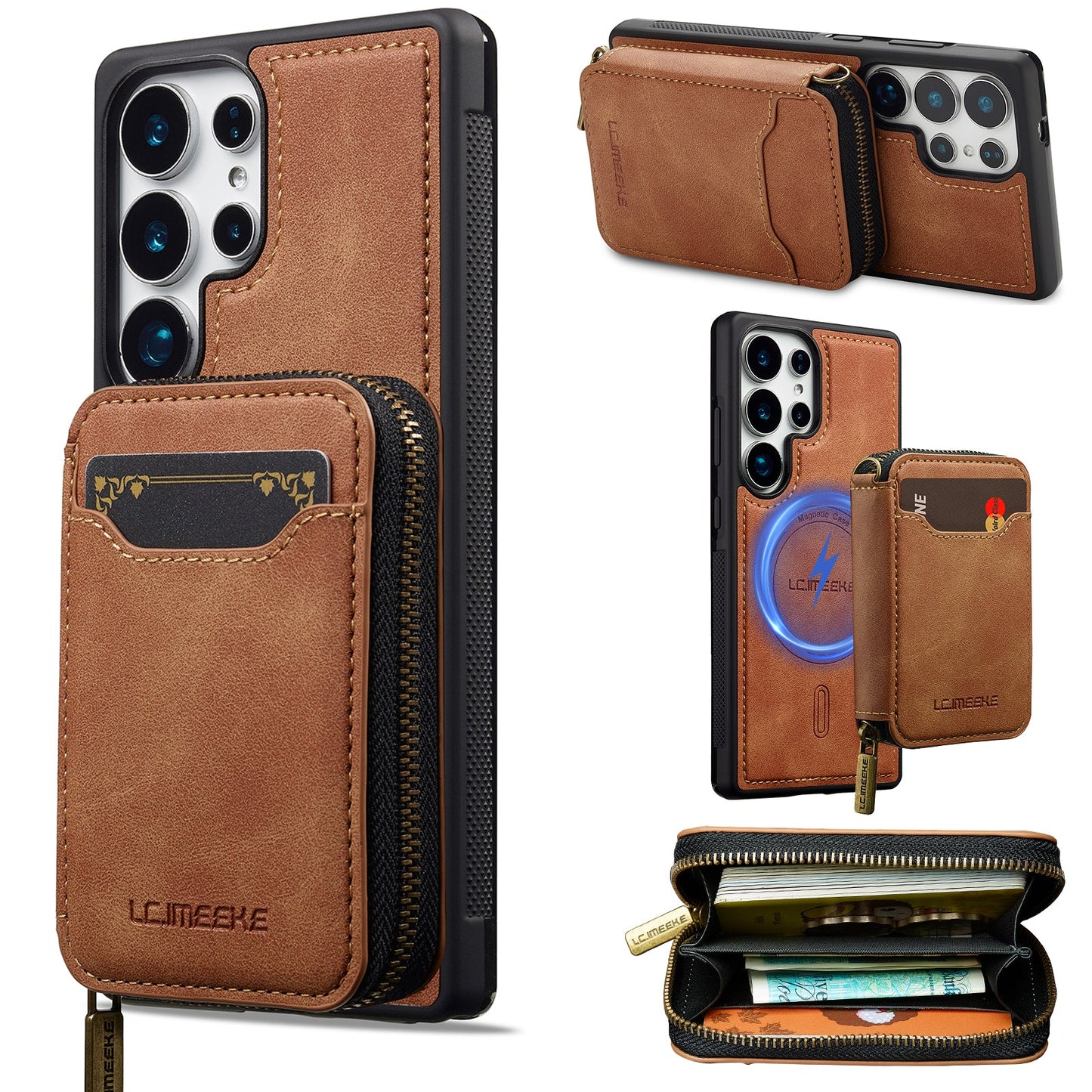 RFID Leather Wallet Phone Case with Detachable MagSafe Back Cover & Secure Zipper Pocket for Samsung Galaxy S23 Ultra