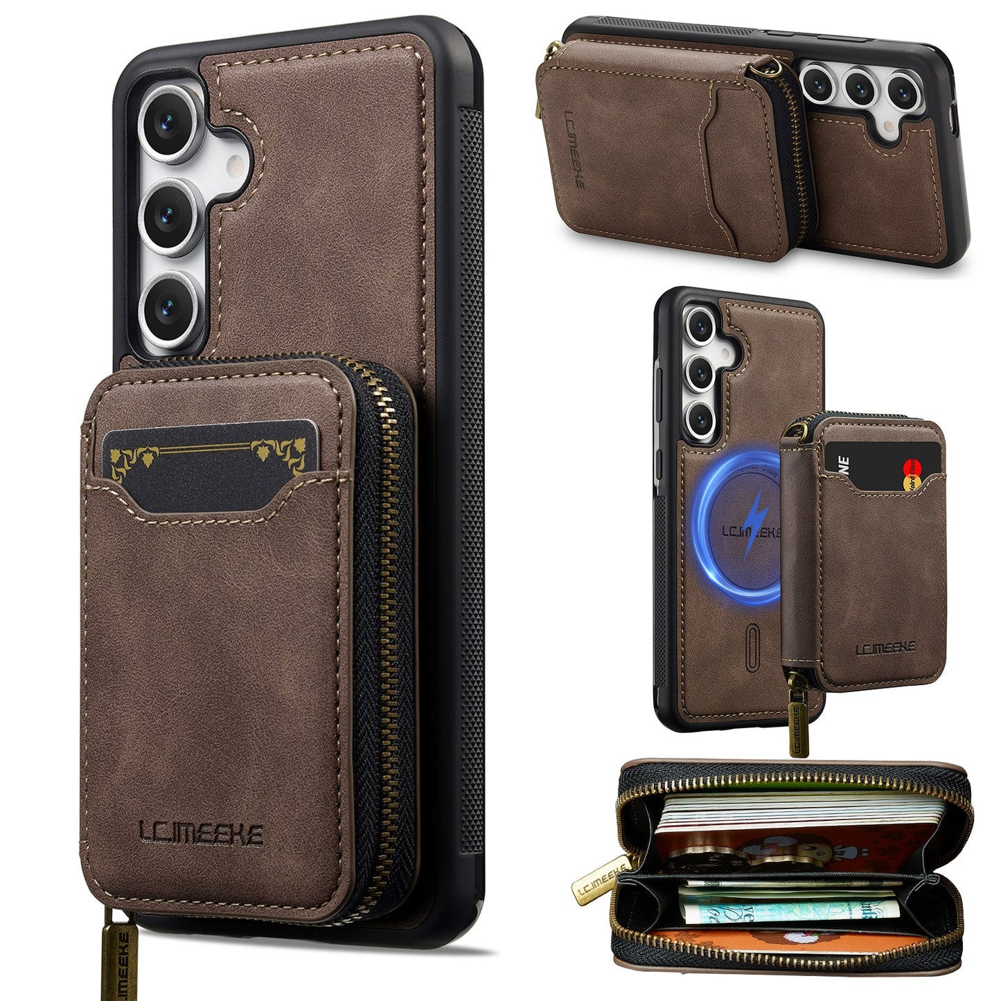 RFID Leather Wallet Phone Case with Detachable MagSafe Back Cover & Secure Zipper Pocket for Samsung Galaxy S24+